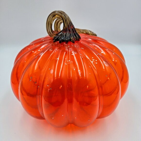 Hand Blown Art Glass Pumpkin Orange Gold Flecks Stem Halloween Fall Decoration - Picture 8 of 10